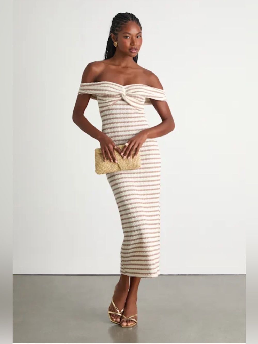 NWT Lulu's Cream and Taupe Off-Shoulder Twist Midi Dress with slit size Medium